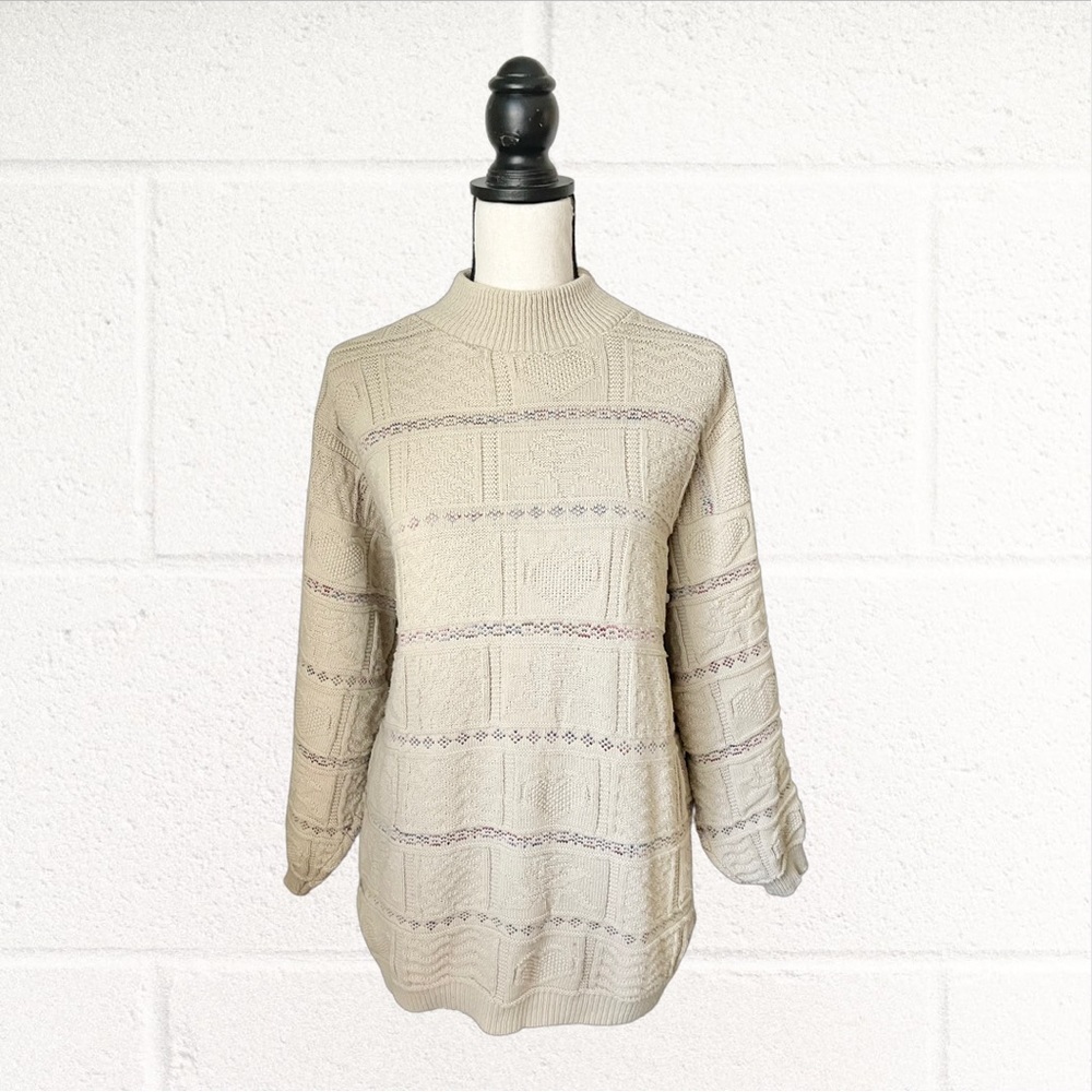 Vintage Oversized Beige Oatmeal Heart Knit Sweater